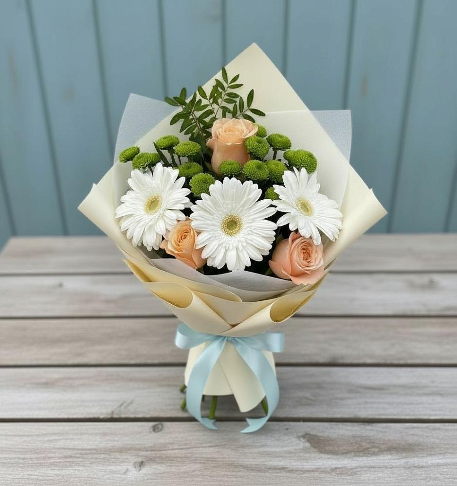Букет цветов из: Герберы, Розы и Хризантемы в Трубичино