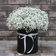 Цветочная композиция из Гипсофила в шляпной коробке в Трубичино