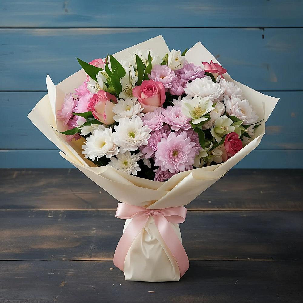 Букет цветов из: Хризантемы, Альстромерии и Розы в Трубичино